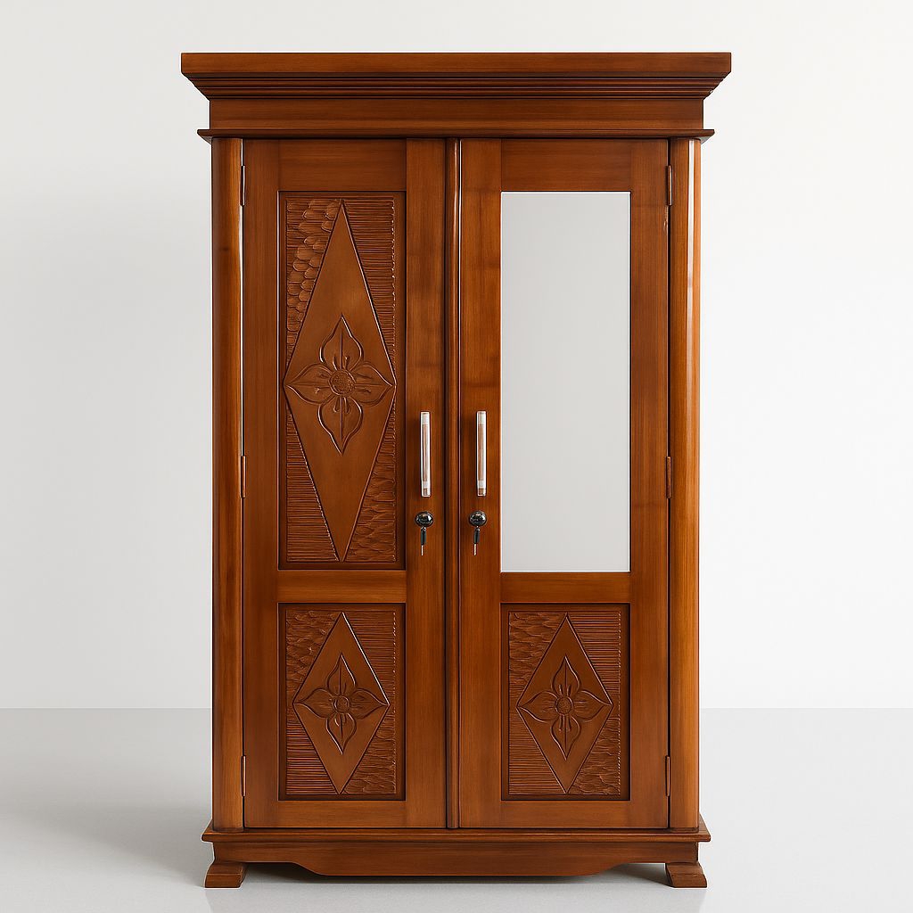 Lemari Pakaian Kayu 2 Pintu Ukir Cermin